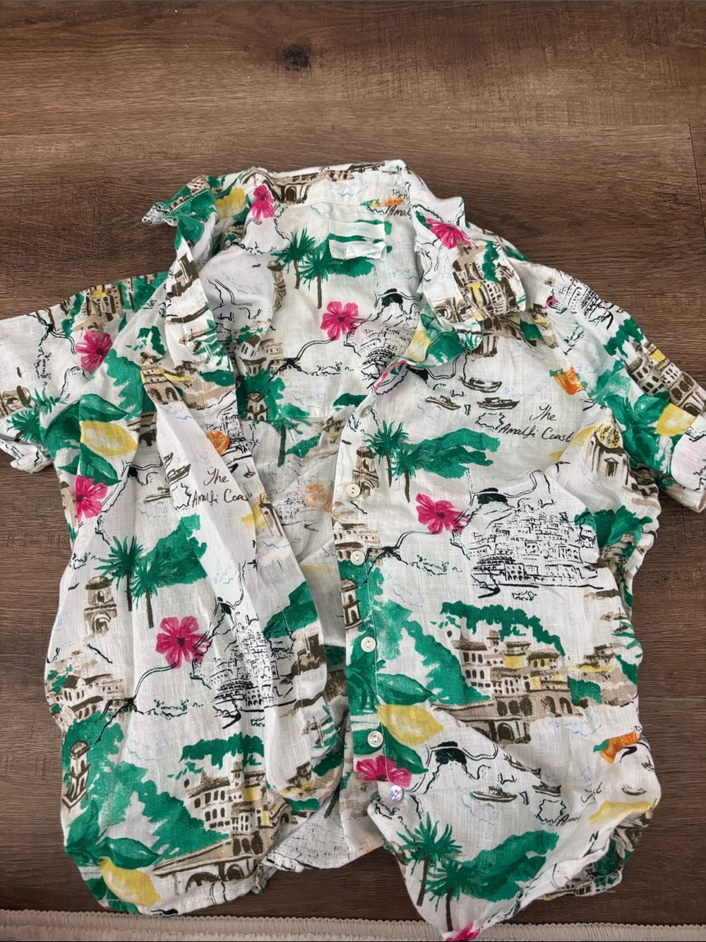 Cynthia Rowley White Tropical Button-Down Shirt with Green and Pink Accents